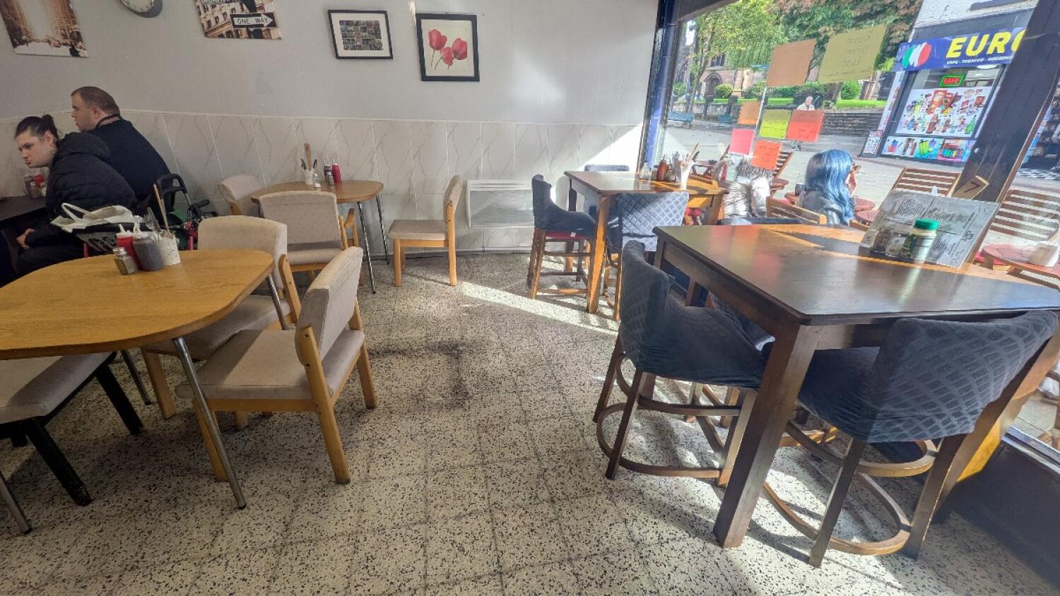 From entrance facing right. Tables and chairs to left. High tables and stools to right.
