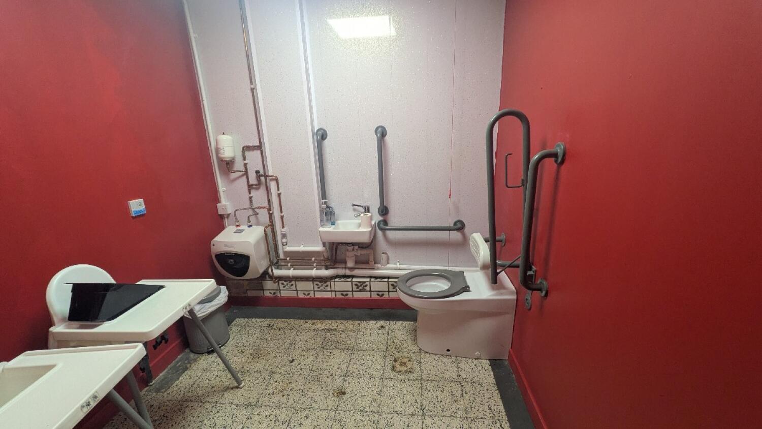 From door facing straight. Toilet on right. Emergency pull cord to its left. Sink on back.