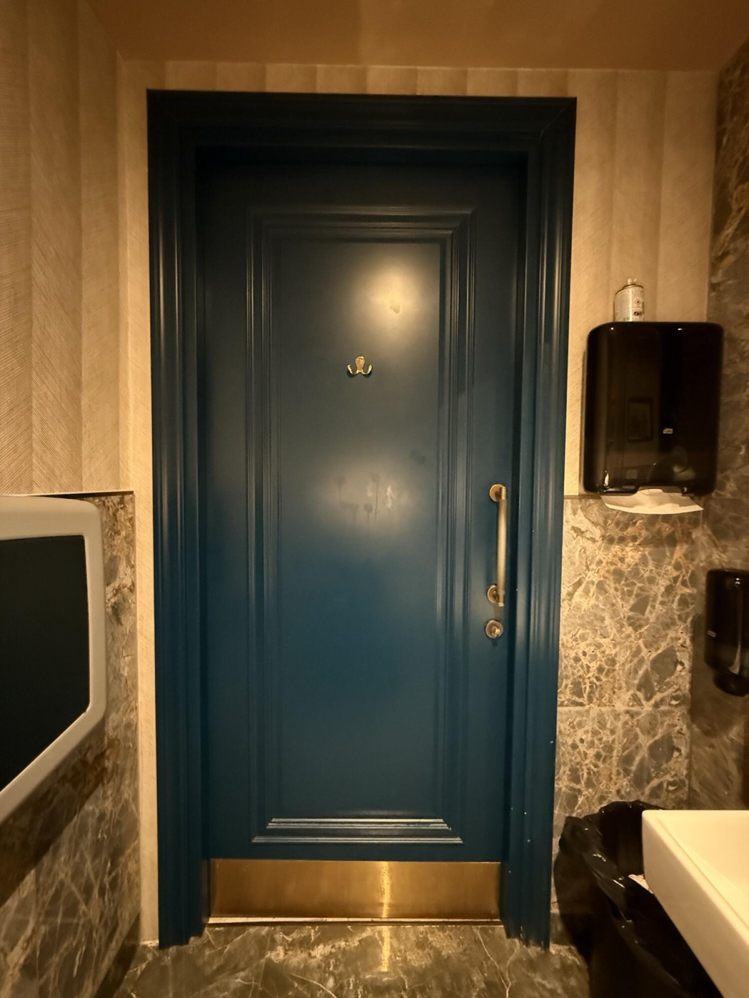 Back of toilet door. High hanging hook in centre. Push door from handle on right to open.