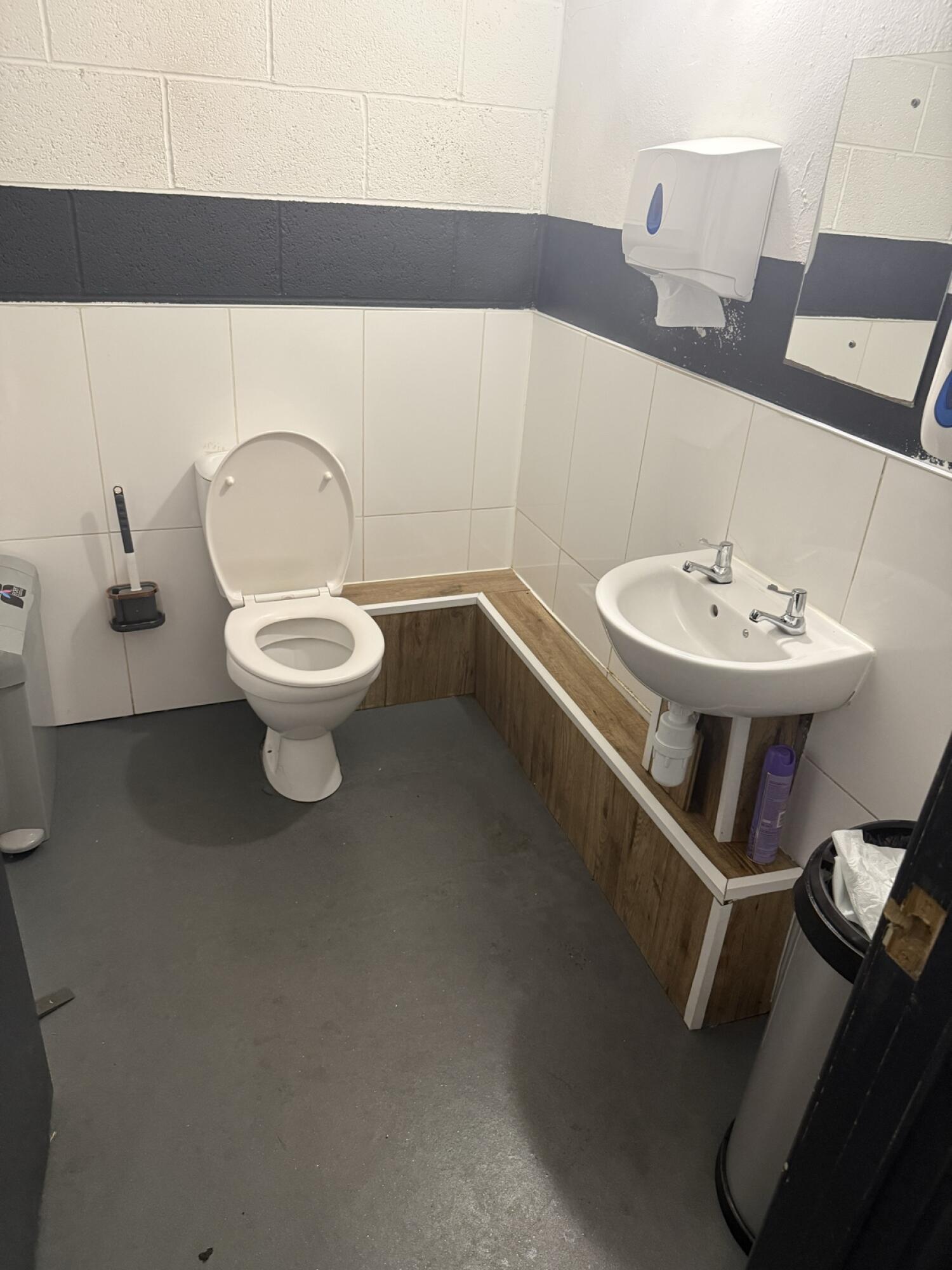From bathroom entrance facing straight. Toilet at back left. Sink with mirror and towel dispenser on right. Bin beside sink.