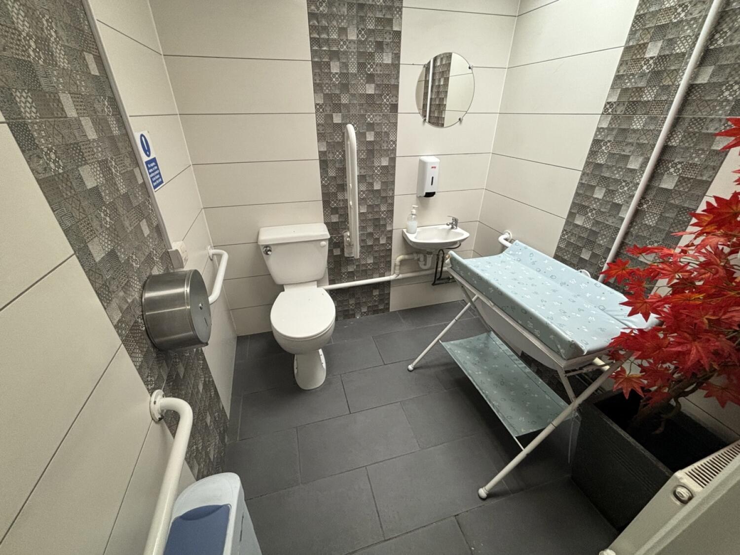 From entrance facing straight. Toilet on back left. Sink on back right. Baby changing table on right.