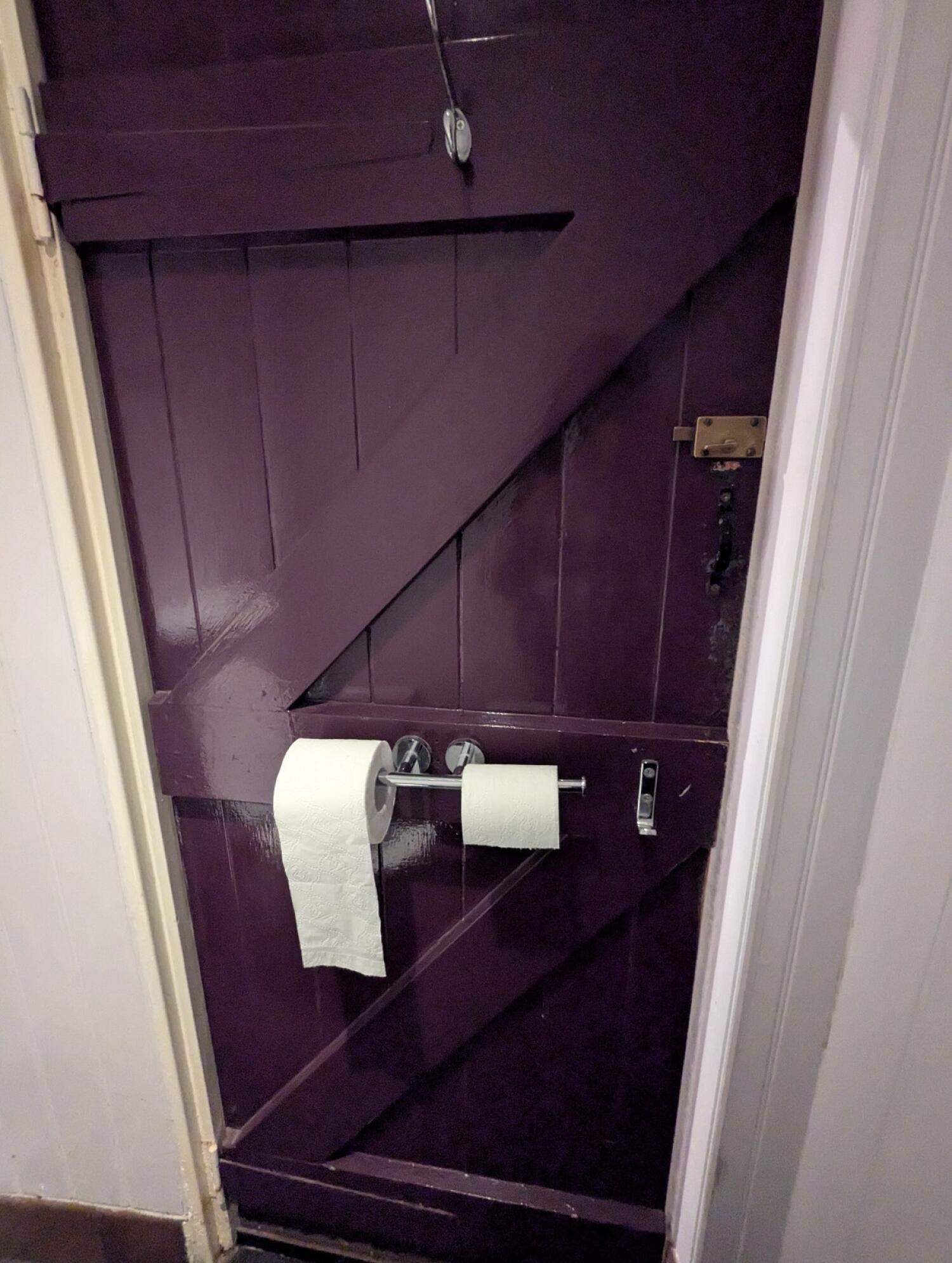Back of toilet door. Grab rail with toilet paper on centre. Lock on right.