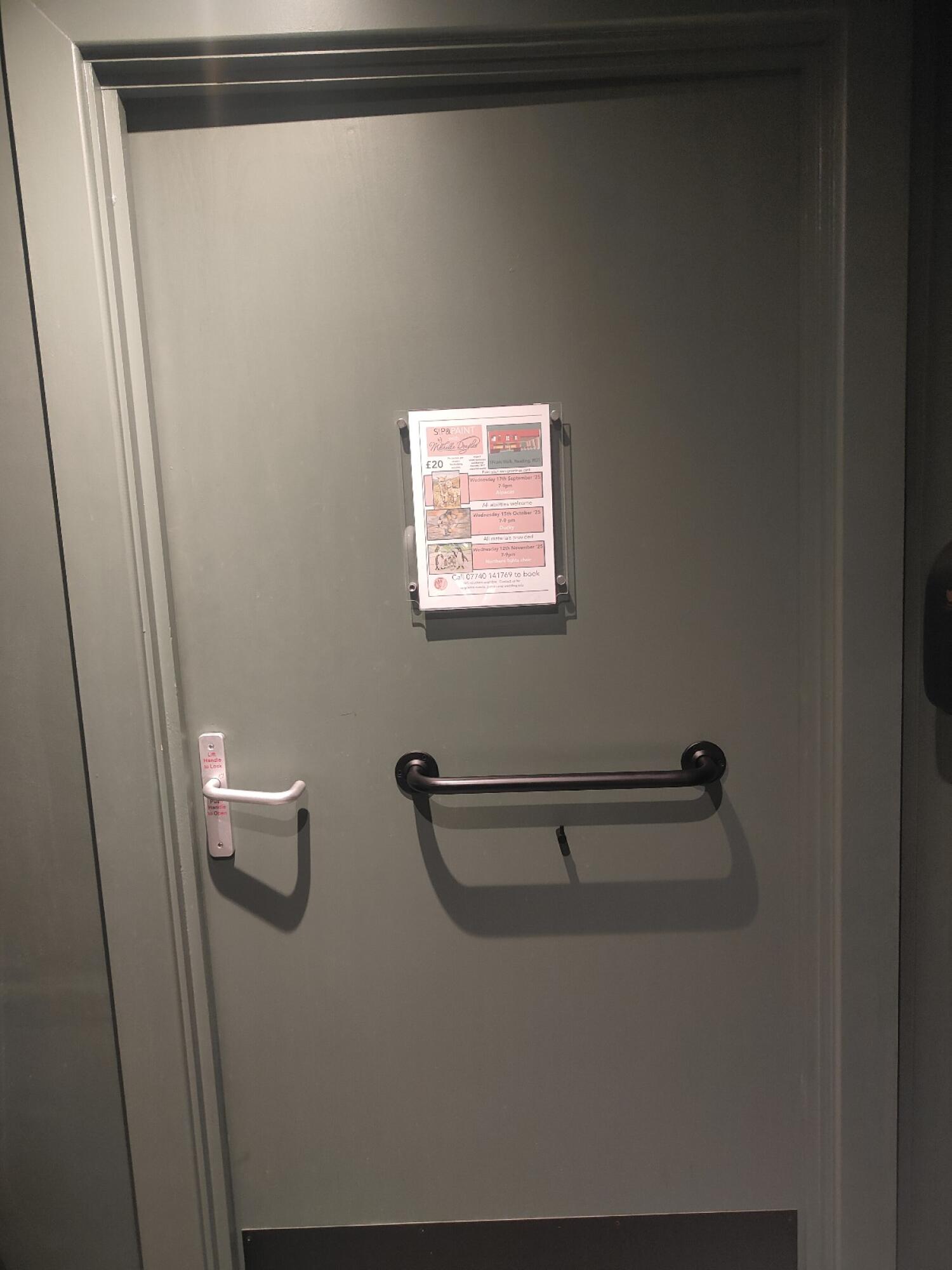 Back of door. Black grab rail in centre. Silver handle on left. Push to open.