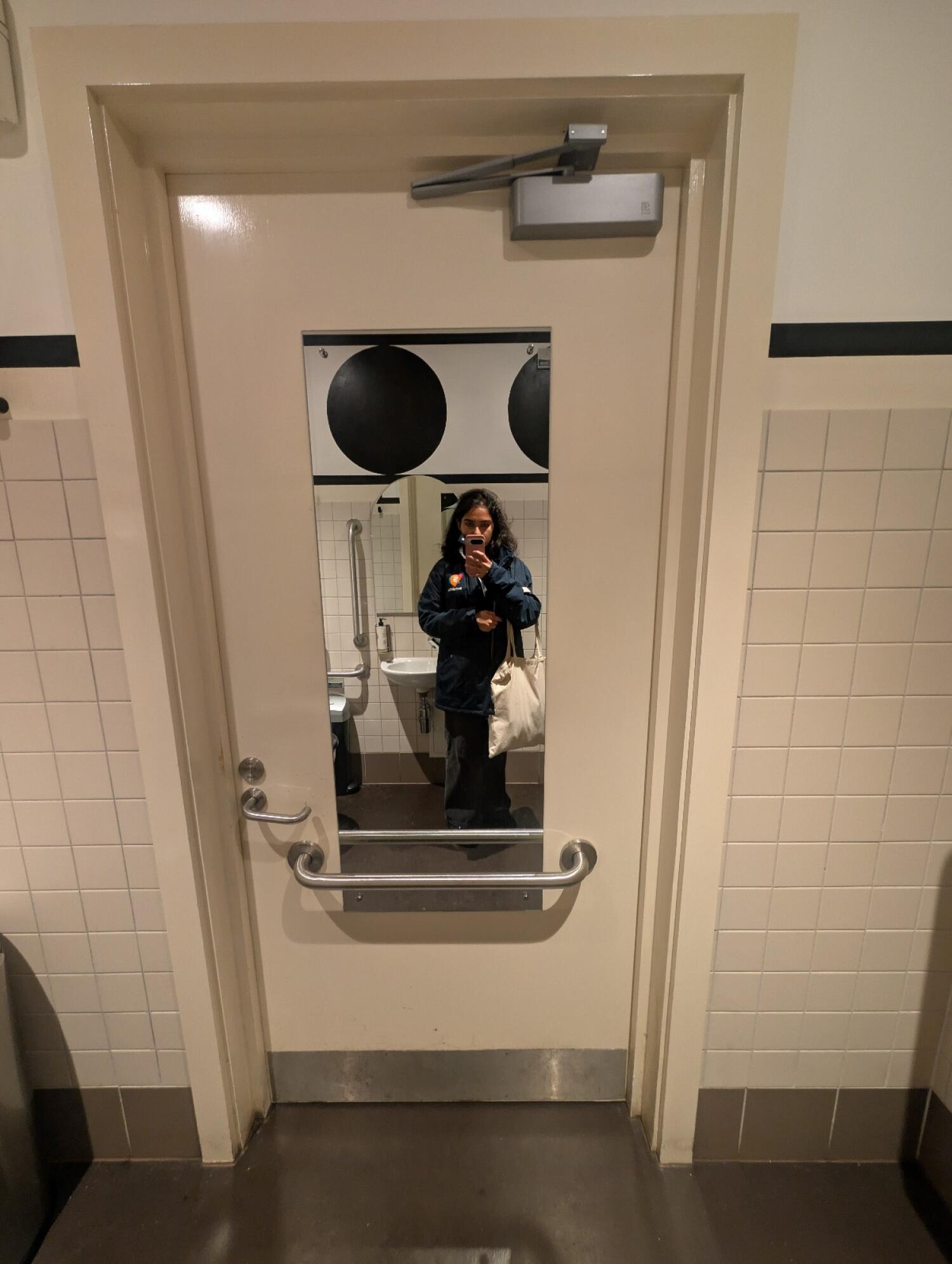 Back of bathroom door. Full body mirror in center. Grab rails across. Silver handle and lock on left. Push to open.