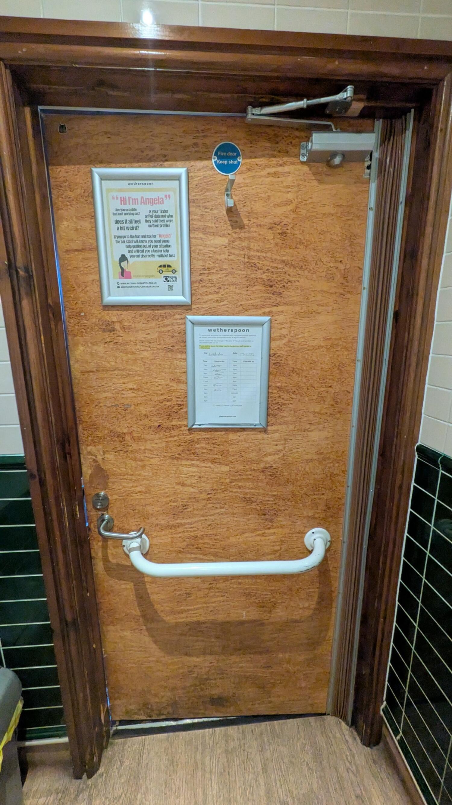 Back of toilet door. Lock on left. High hanging hook and grab rail in center