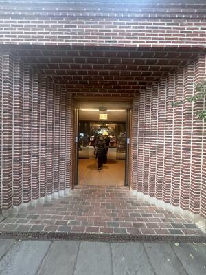 From sidewalk facing venue. First set of doors ahead. Brown wooden doors slide to open from center automatically.