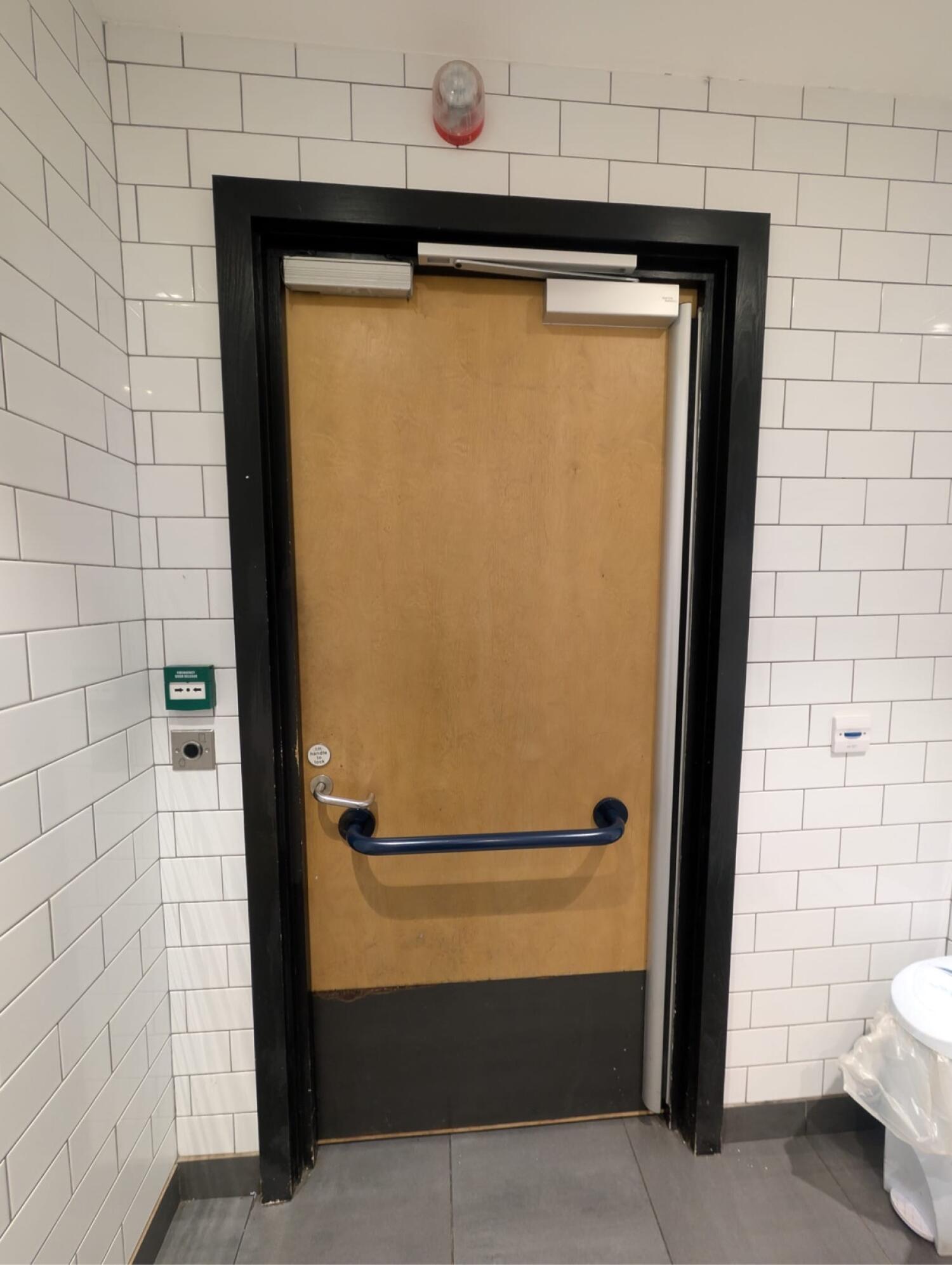 Back of wooden toilet door with black frames. Push handle on left to open. Grab rail in center.
