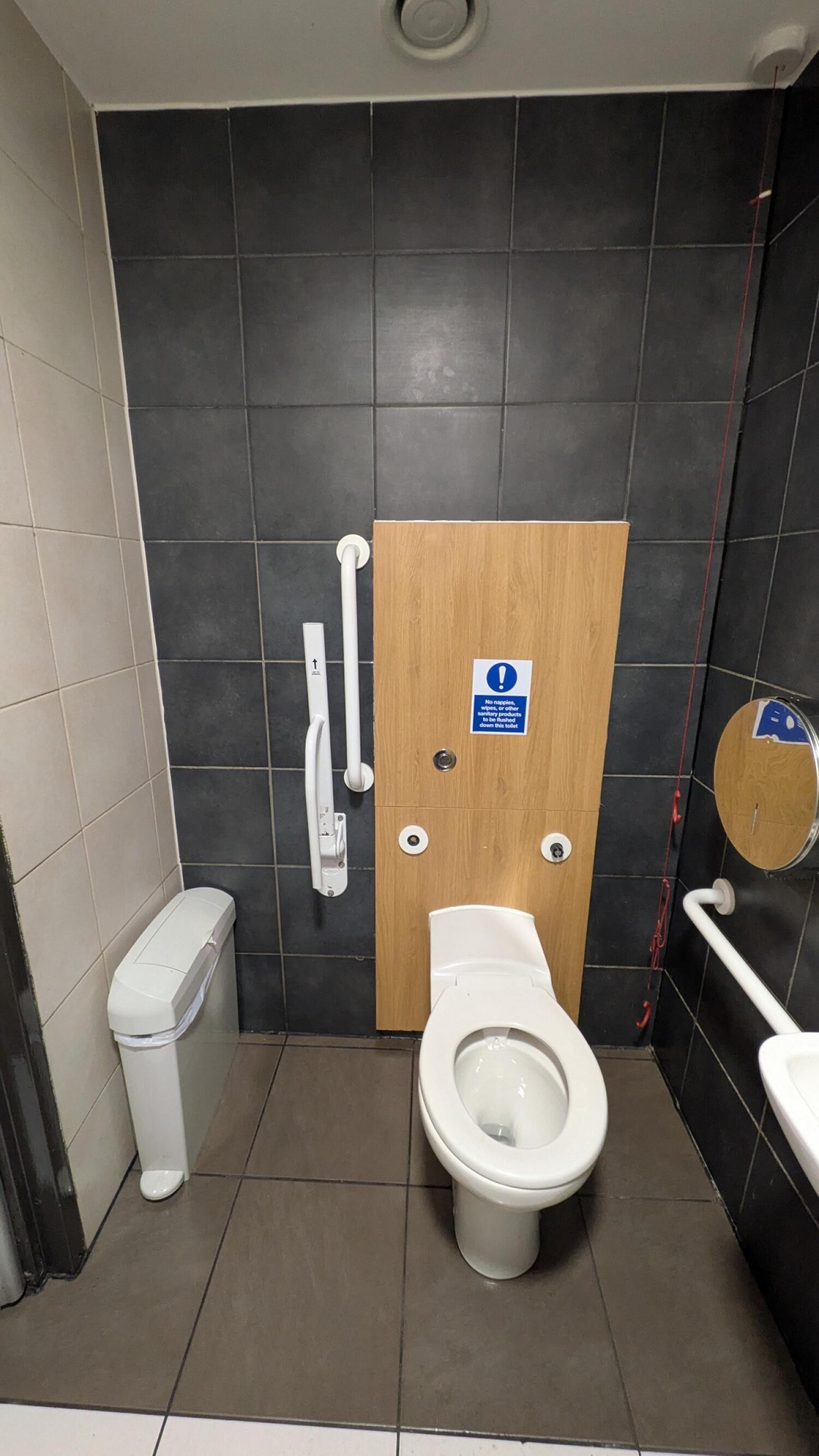 From second door facing right. Toilet at back wall. Emergency pull cord to its right. Sink on right wall.