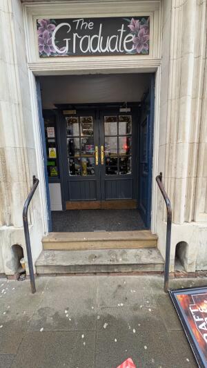 Two steps up before door followed by doormat. Handrails on both sides. First set of dark blue wood doors. Push handles at centre to open.