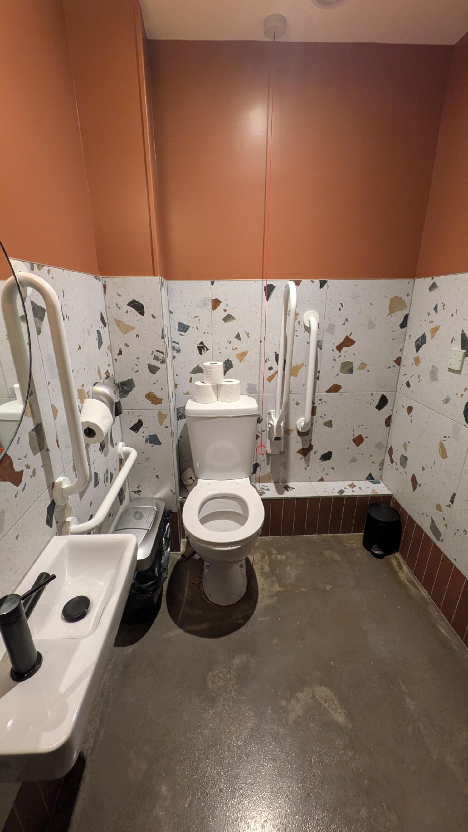 From door facing right. Sink on left wall. Toilet at back wall. Emergency pull cord to its right.