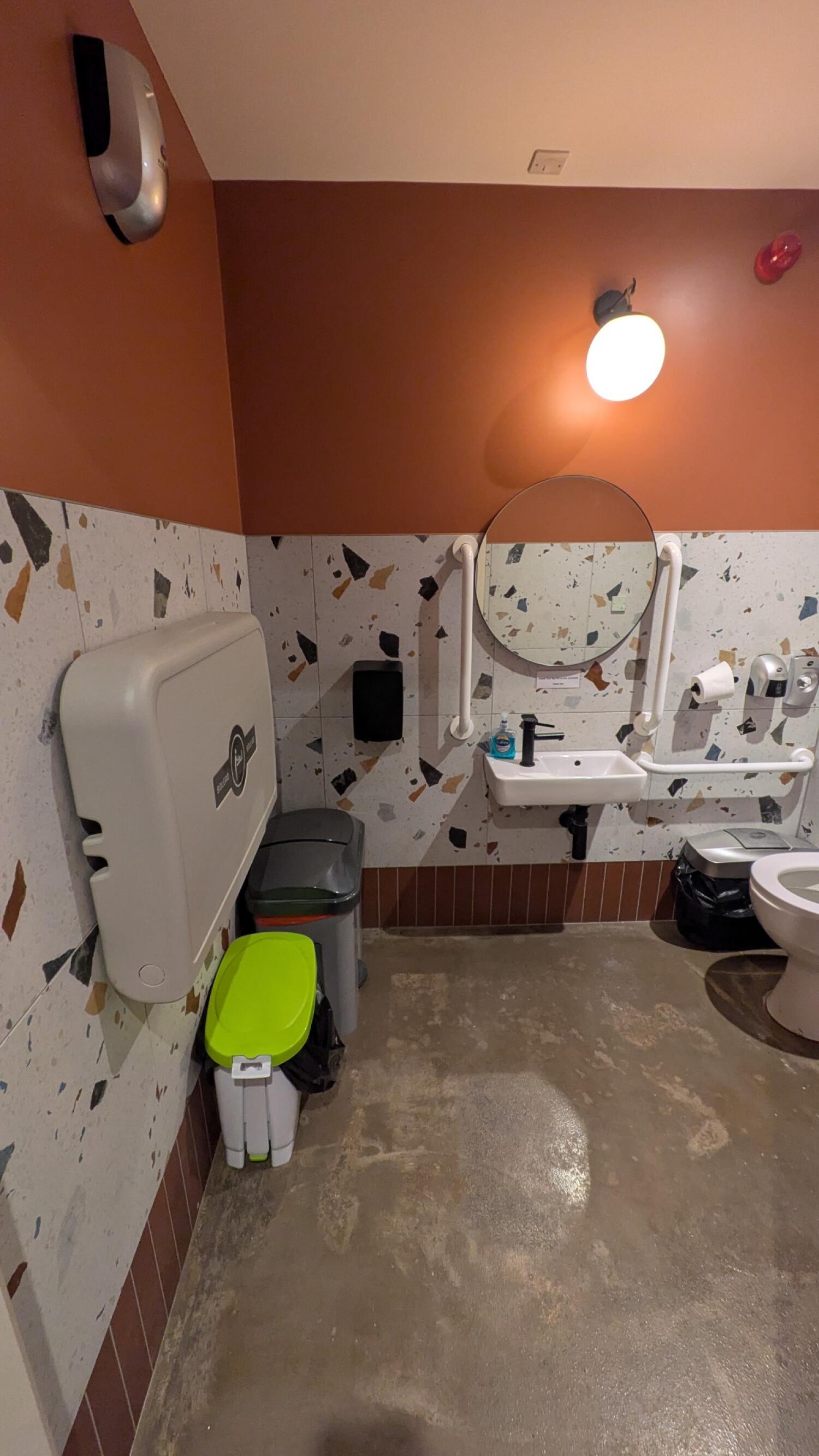 From door facing straight. Baby changing station left. Sink in centre of back wall. Toilet at back right wall.