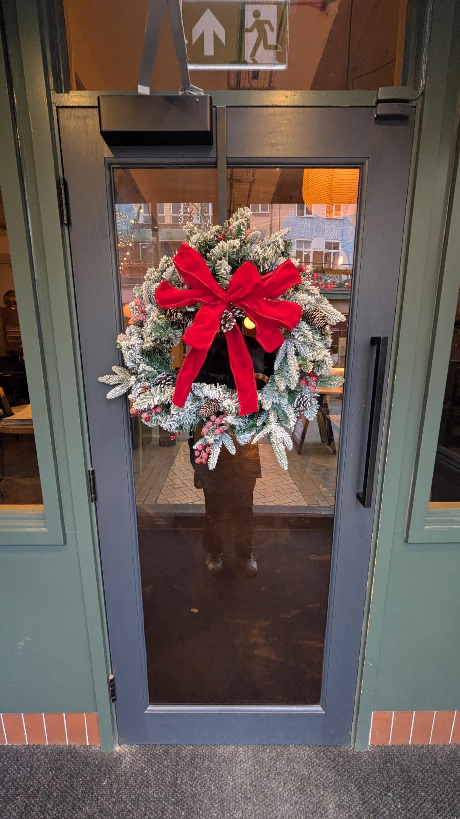 From door facing straight. Dark green-framed glass door. Pull from handle on right to open.