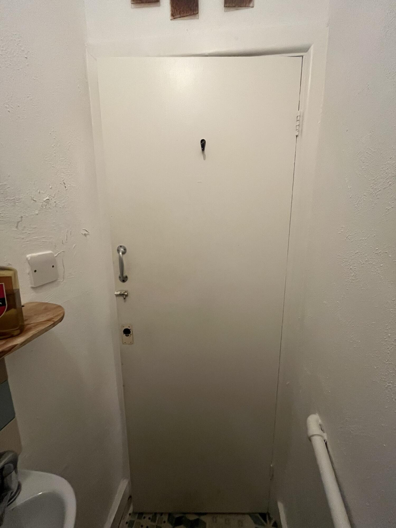 Back of door. White wooden door. Pull from metal handle on left to open.