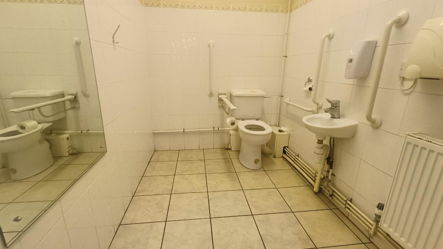 From door facing straight. Toilet at back right. Sink along right.