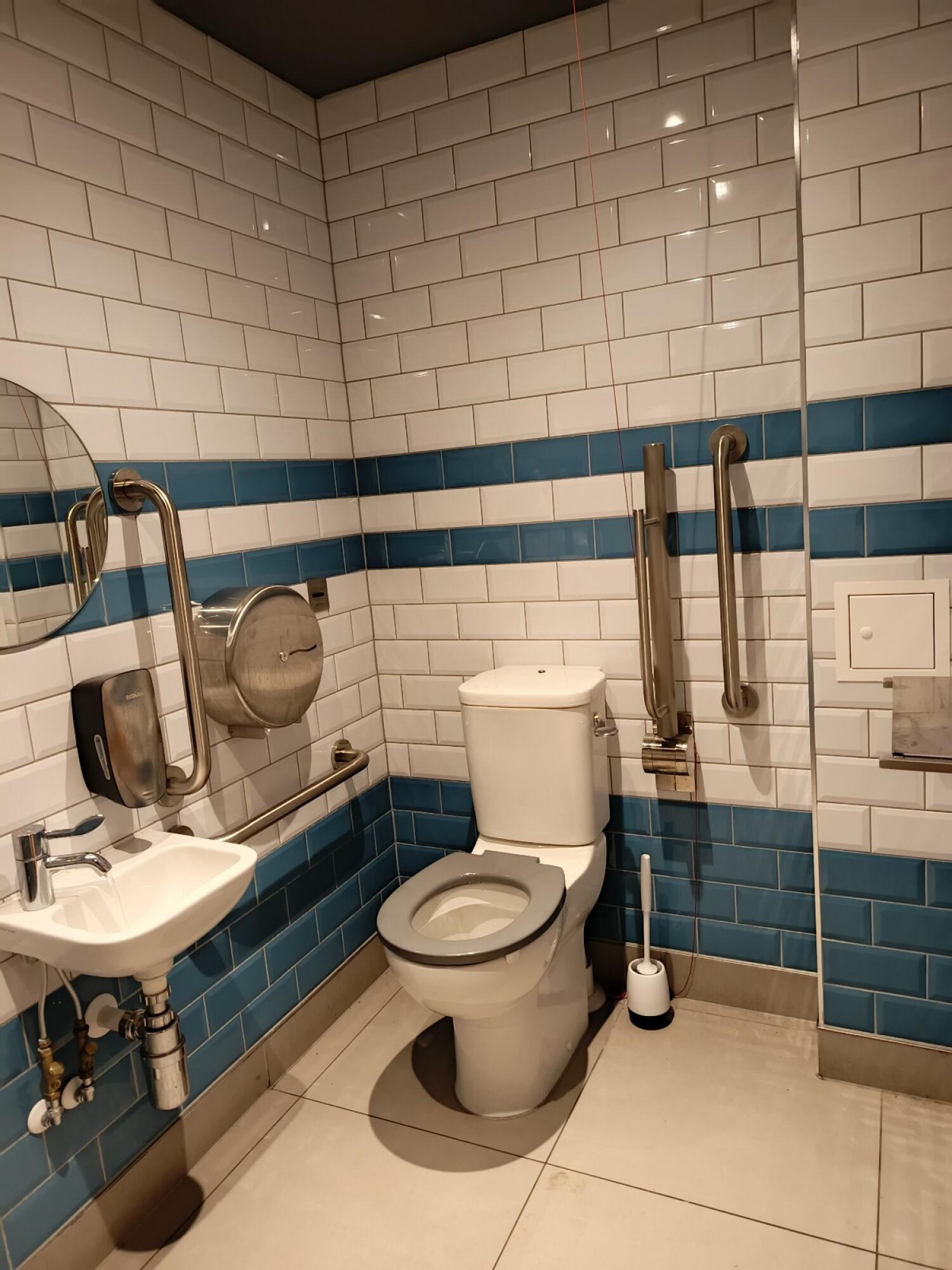 From door facing right. Sink on left. Toilet at centre back. Emergency pull cord to right of toilet.