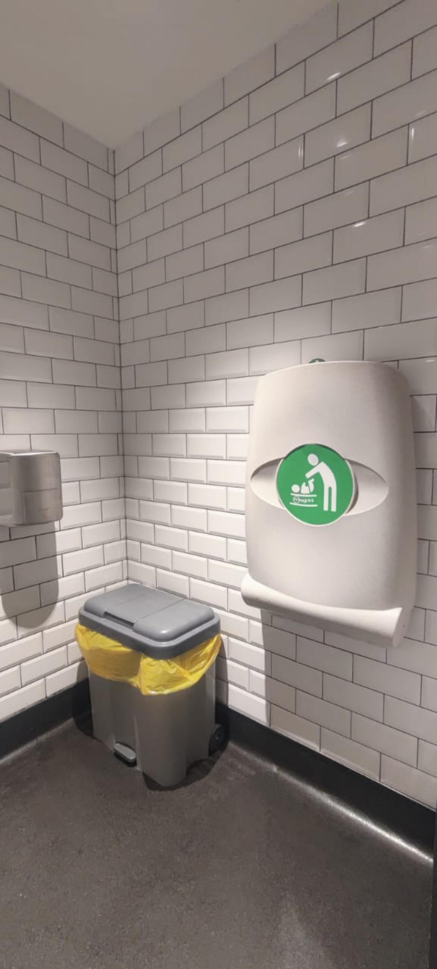 From door facing right. Bin on left. Baby changing station on right.