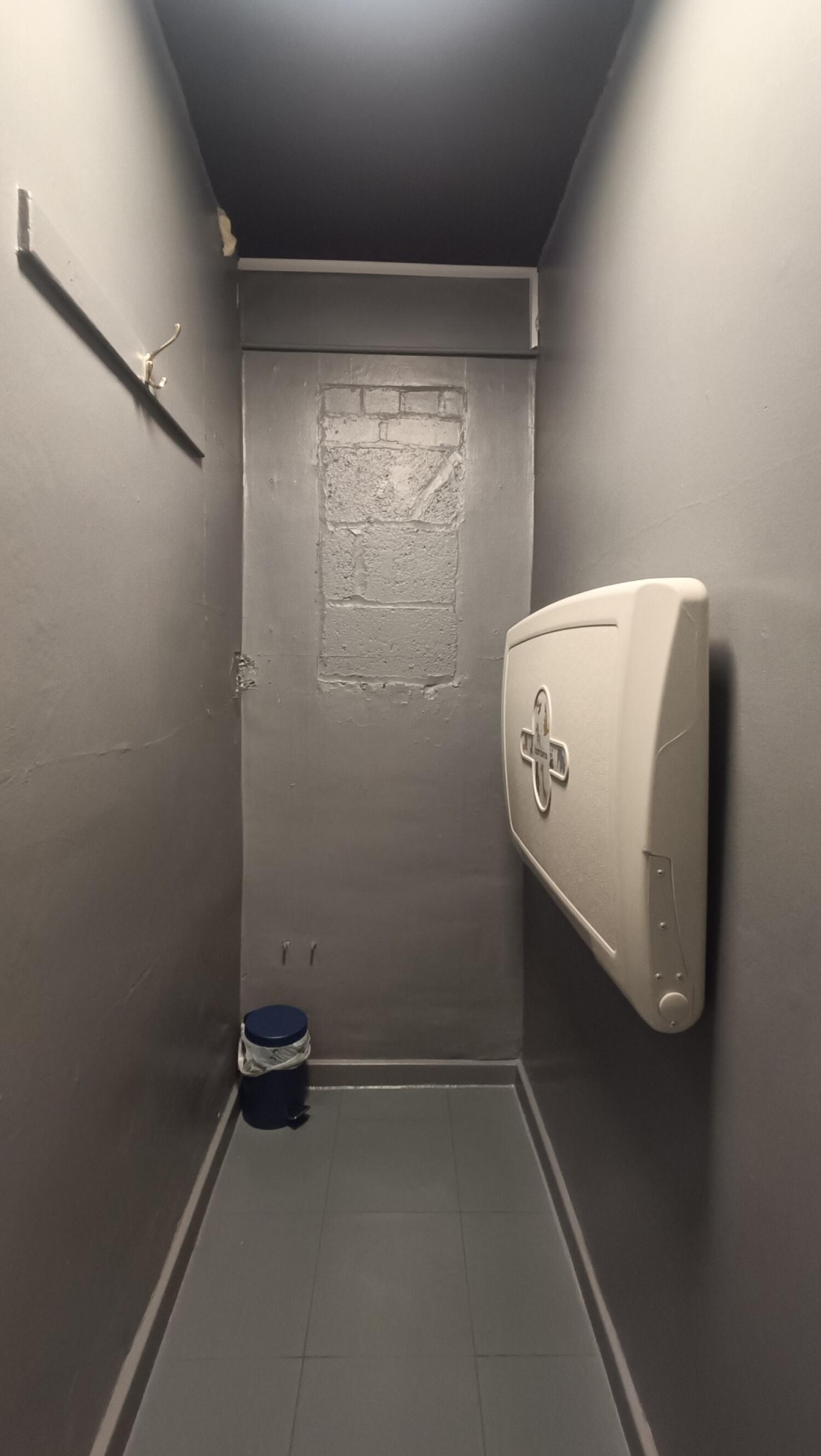 From door facing right. Hooks on top left. Baby changing table along right.
