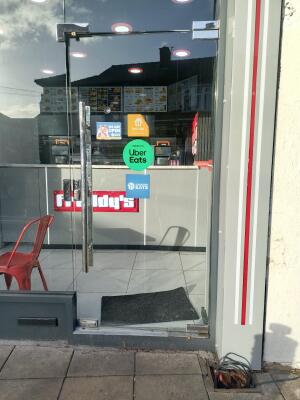 Glass door ahead. Push from handle on left to open.