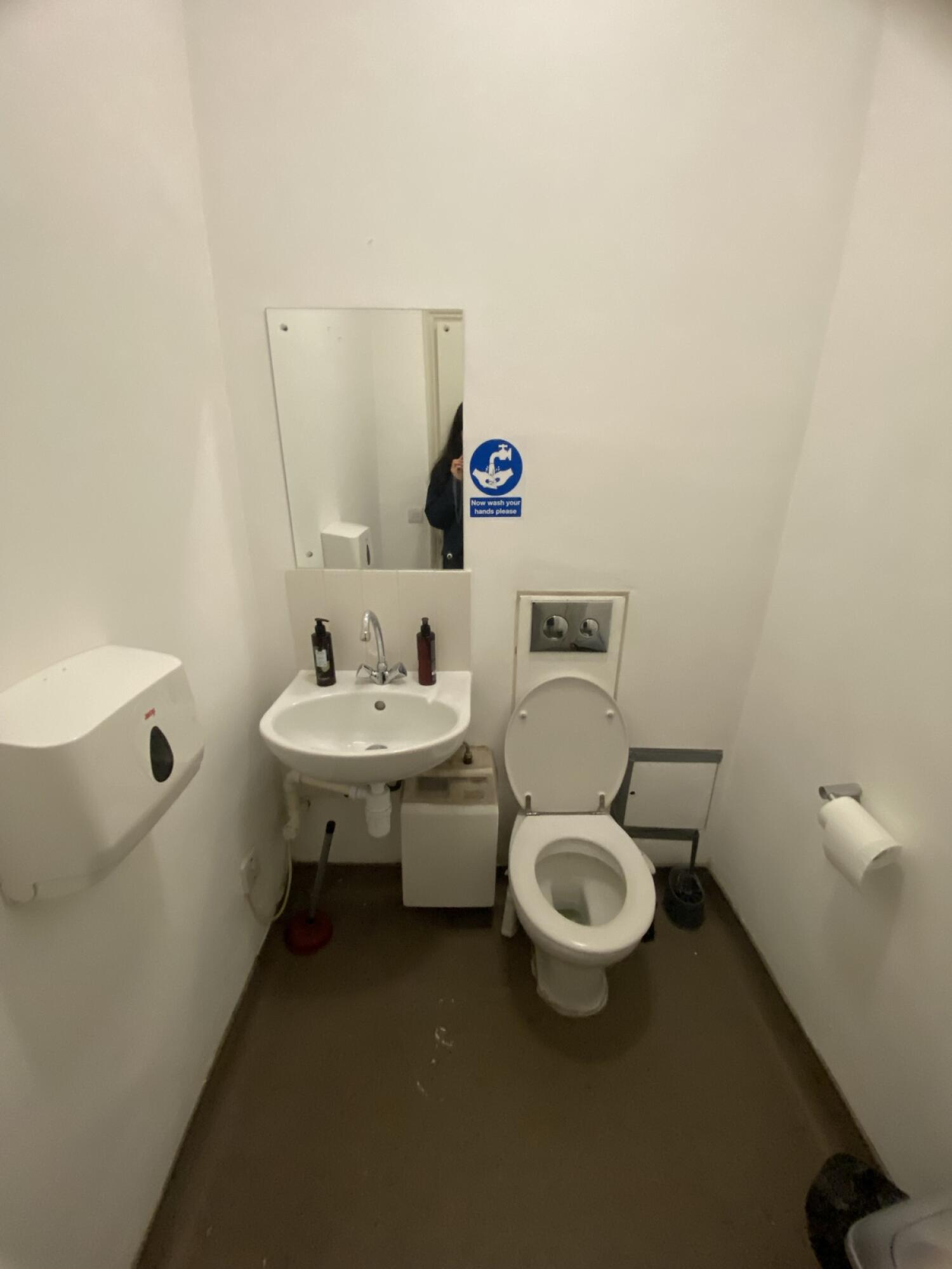 From door facing straight. Sink at back left. Toilet to its right at back.
