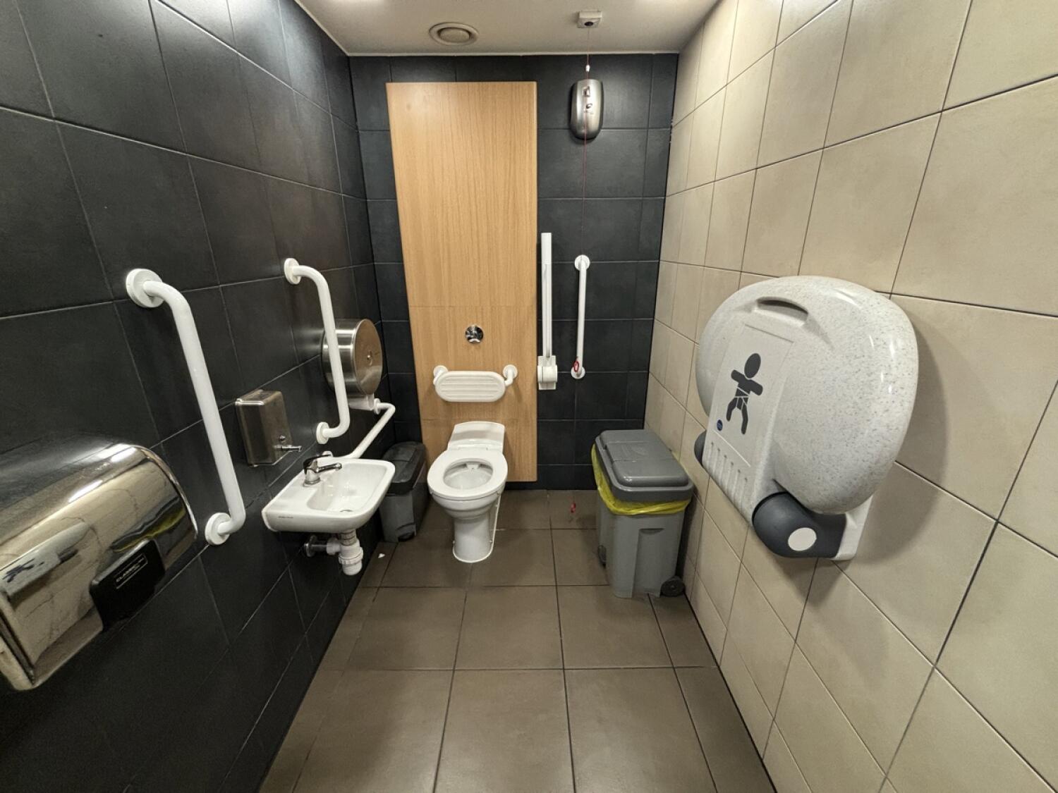 From door facing straight. Sink on left wall. Toilet at back left. Emergency pull cord to its right. Baby changing table on right wall.