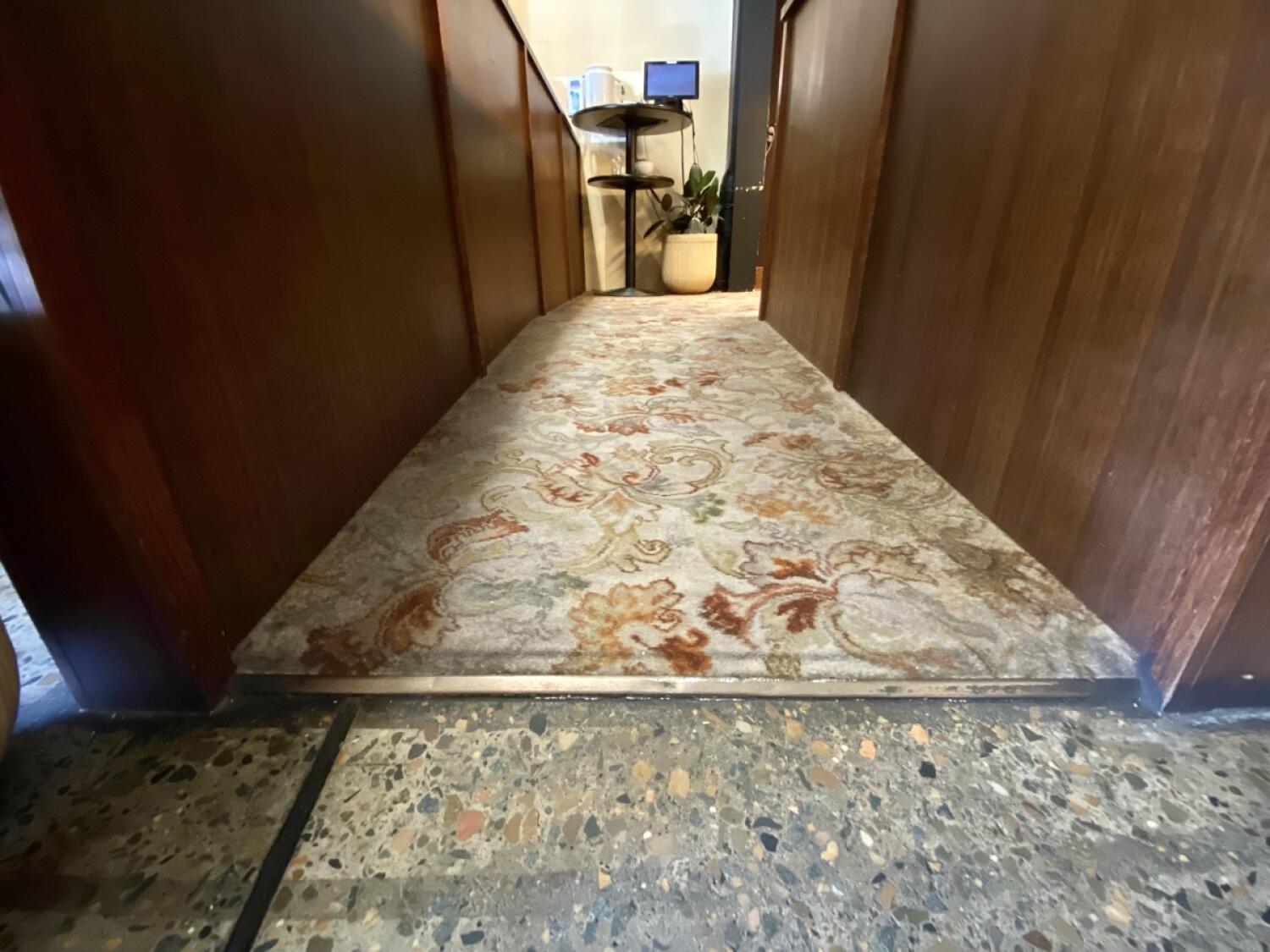 Small bump at foot of opening. Carpeted path following.