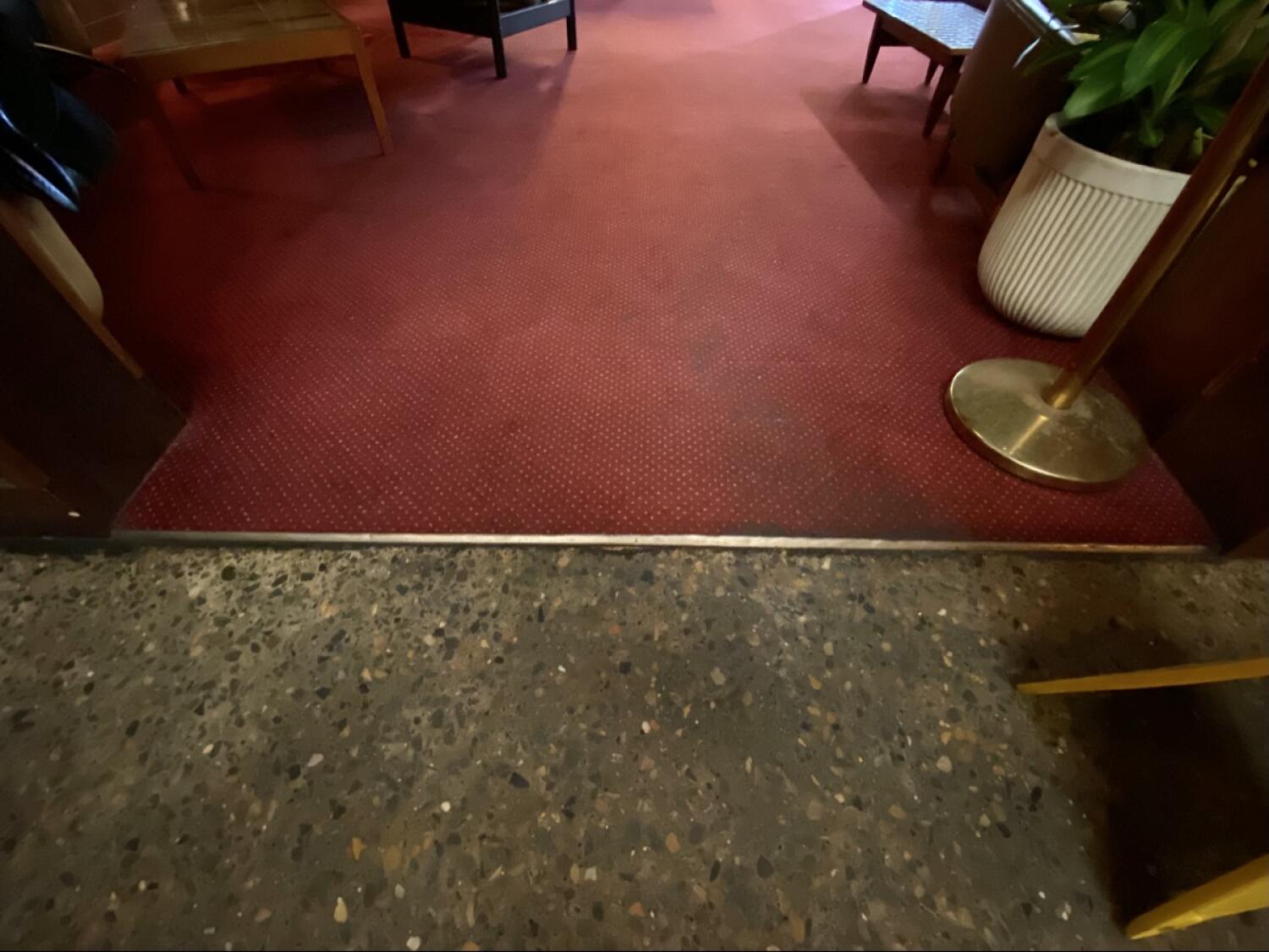Small bump at foot of archway. Carpeted flooring following.