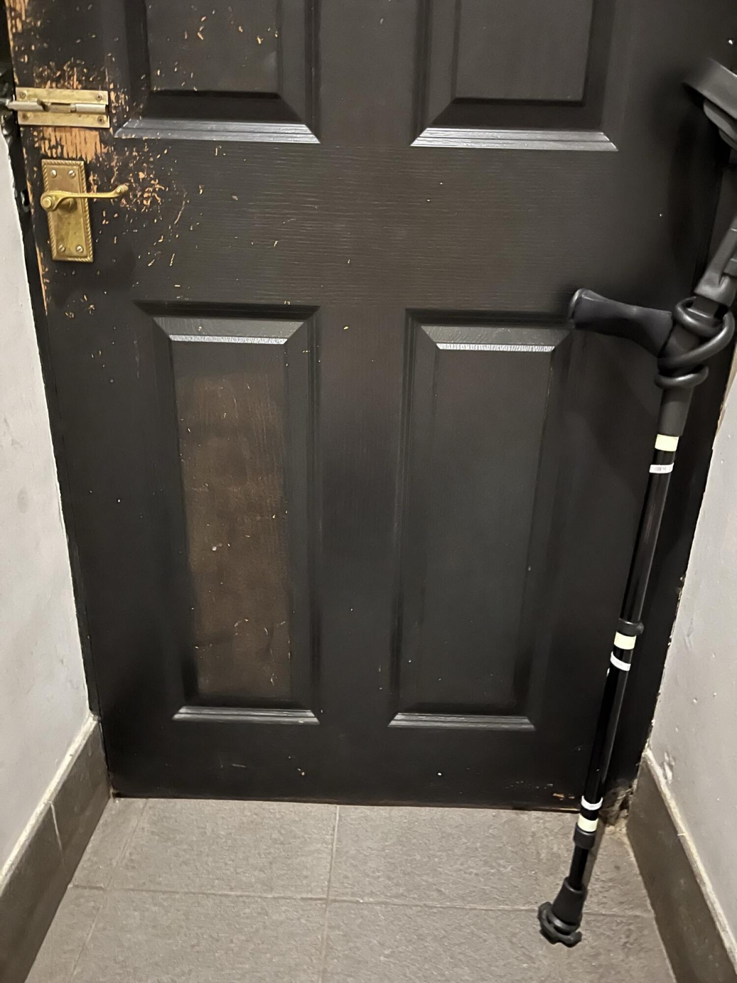 Black wooden door with gold handle on left. Pull from handle on left to open.