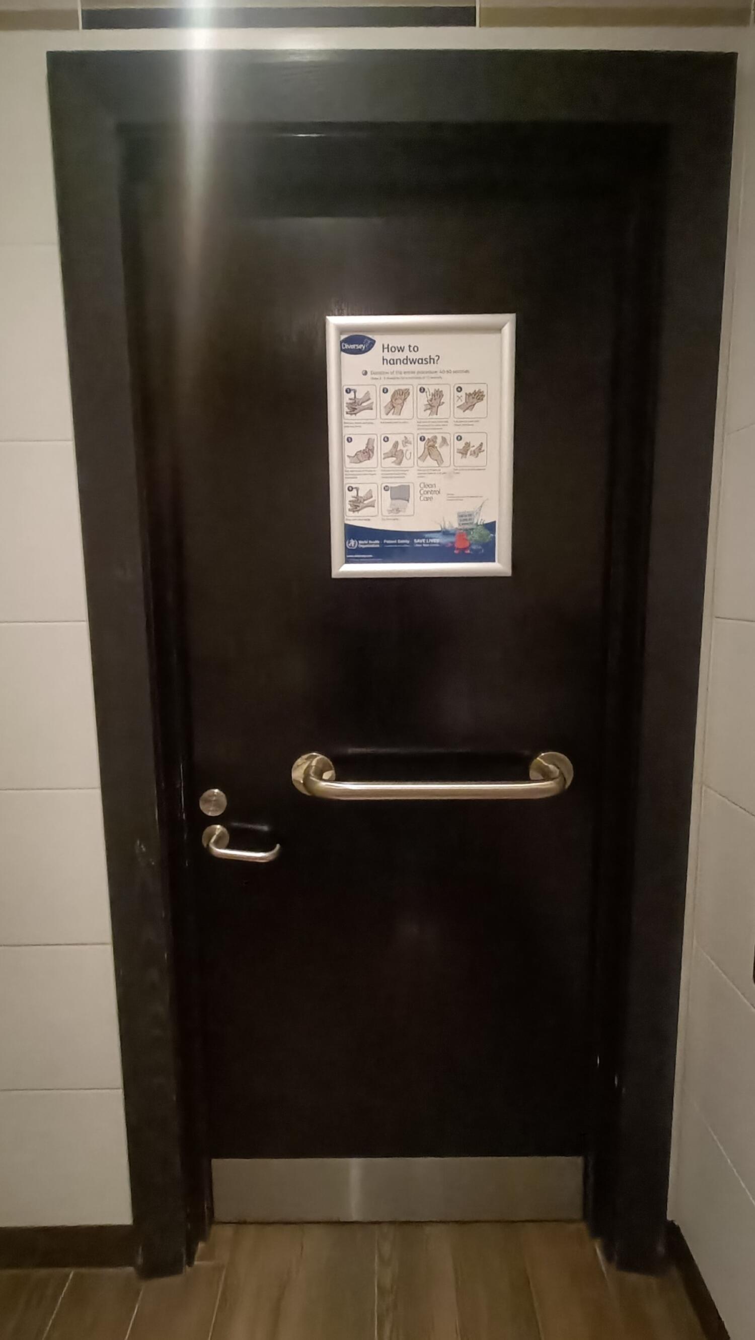 Back of toilet door. Lock on left. Grab rail in centre. Push from metal handle on left to open.