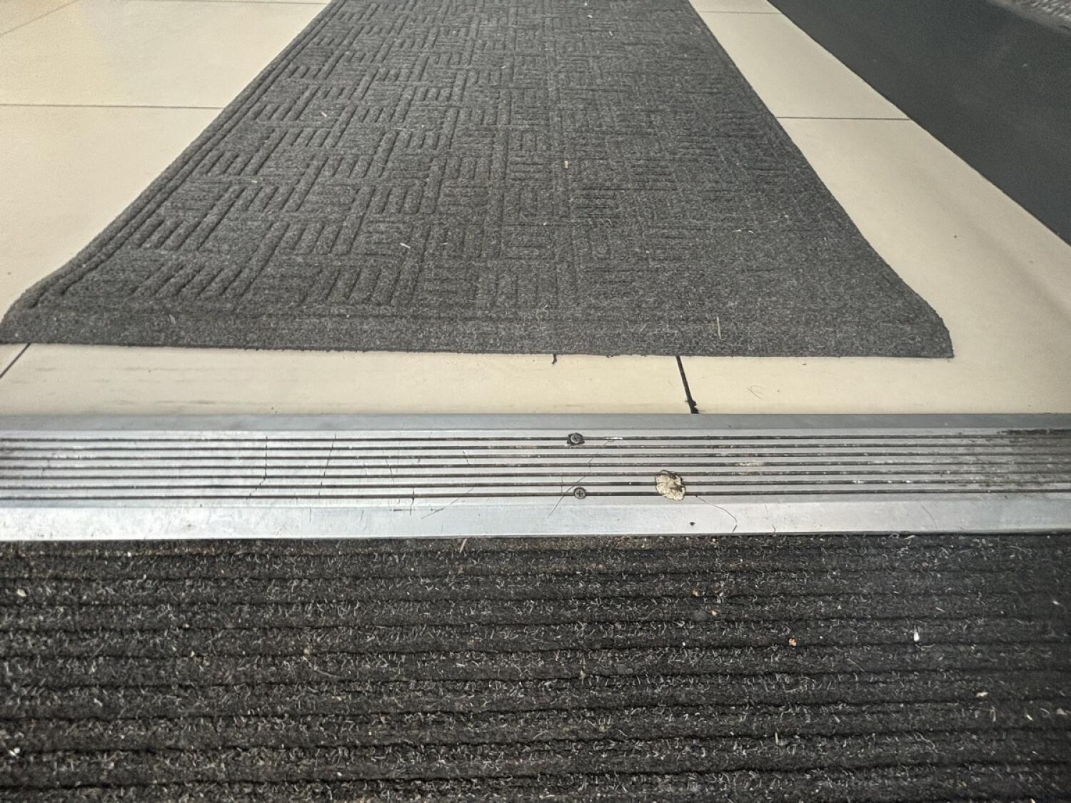 Metal bump at foot of door. Doormat following.