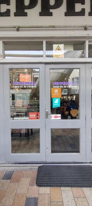 Grey wood-framed glass doors ahead. Twist push from handle on right to open.