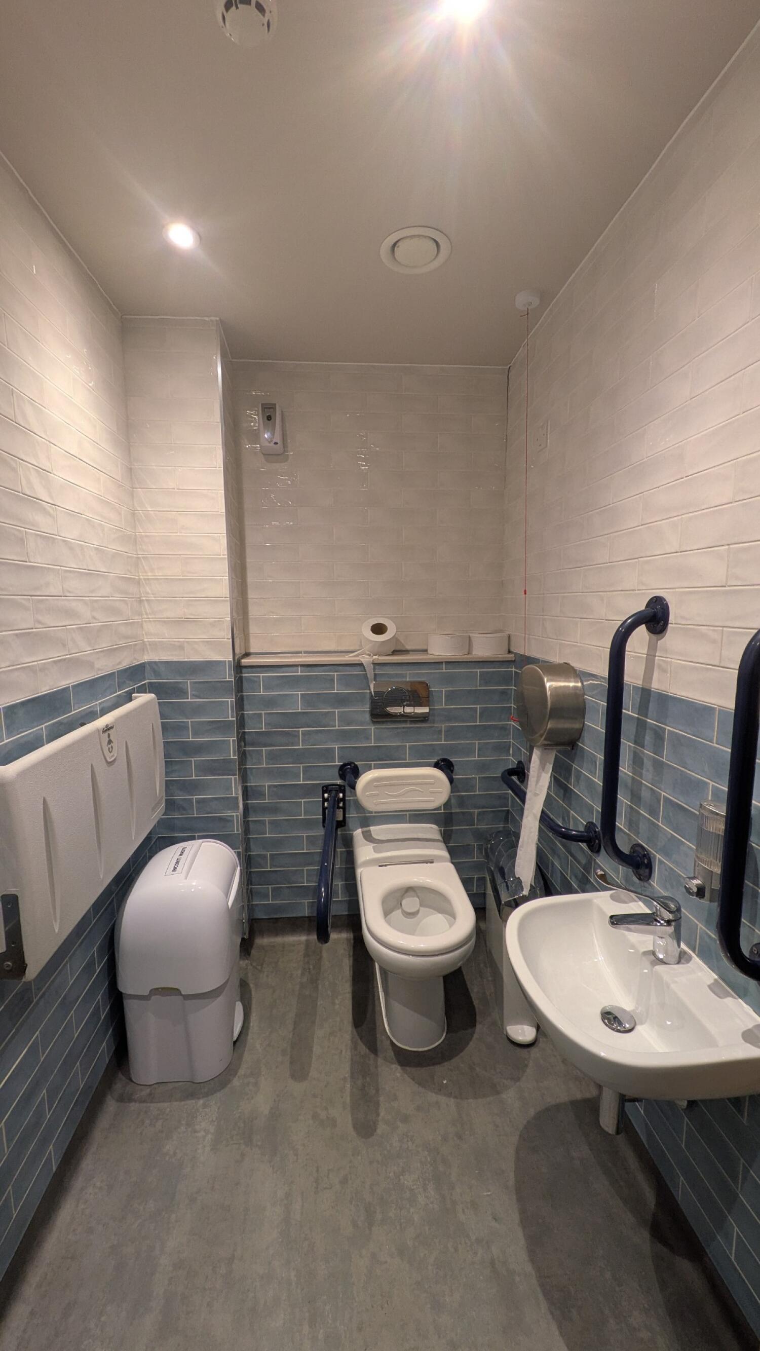From door facing right. Baby changing station left. Toilet at back wall. Emergency pull cord right of toilet. Sink on right wall.