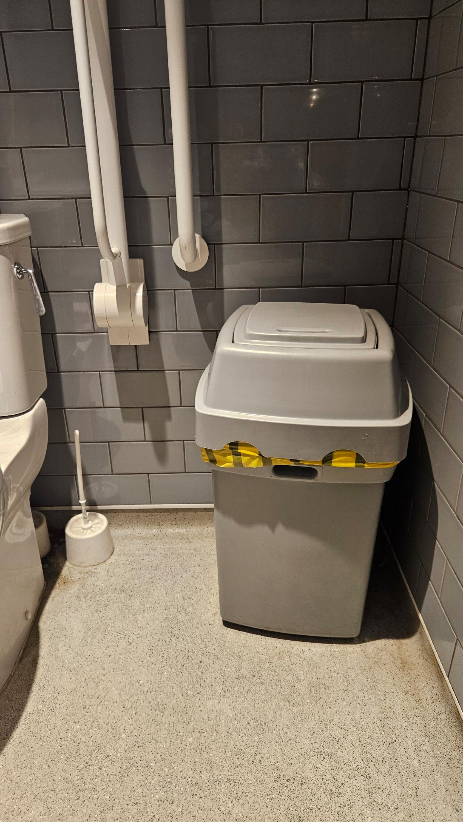 Toilet at back left. Bin with lid in back right corner.
