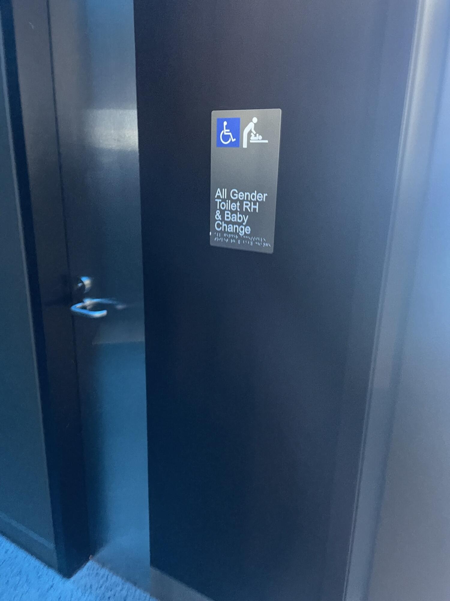 Black door with accessibility and baby change sign. Pull from handle on left to open.