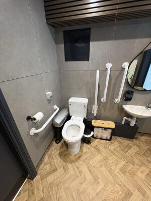 Toilet at back wall. Emergency pull cord to its right. Sink on right wall.