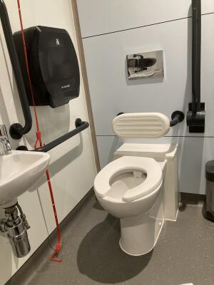 Toilet at back wall. Emergency pull cord to its left. Sink on left wall.