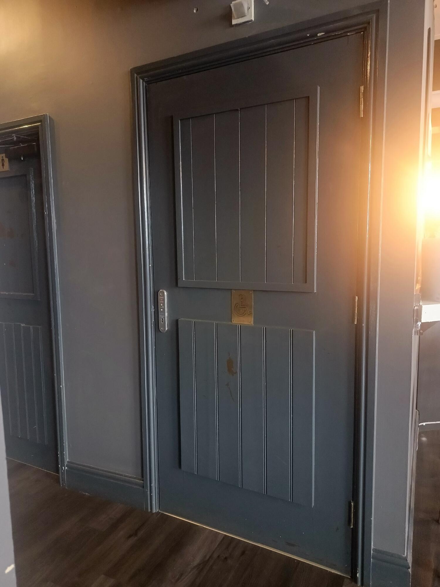 From opening facing right. Grey wood-panelled door ahead. Pull from handle on left to open.