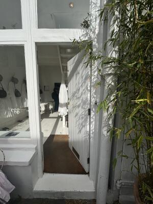 White wooden door. Push from left to open. Planter on right.
