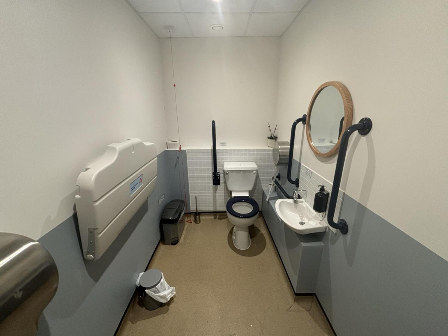 From door facing straight. Baby changing table on left wall. Toilet at back right. Emergency pull cord to its left. Sink on right wall.