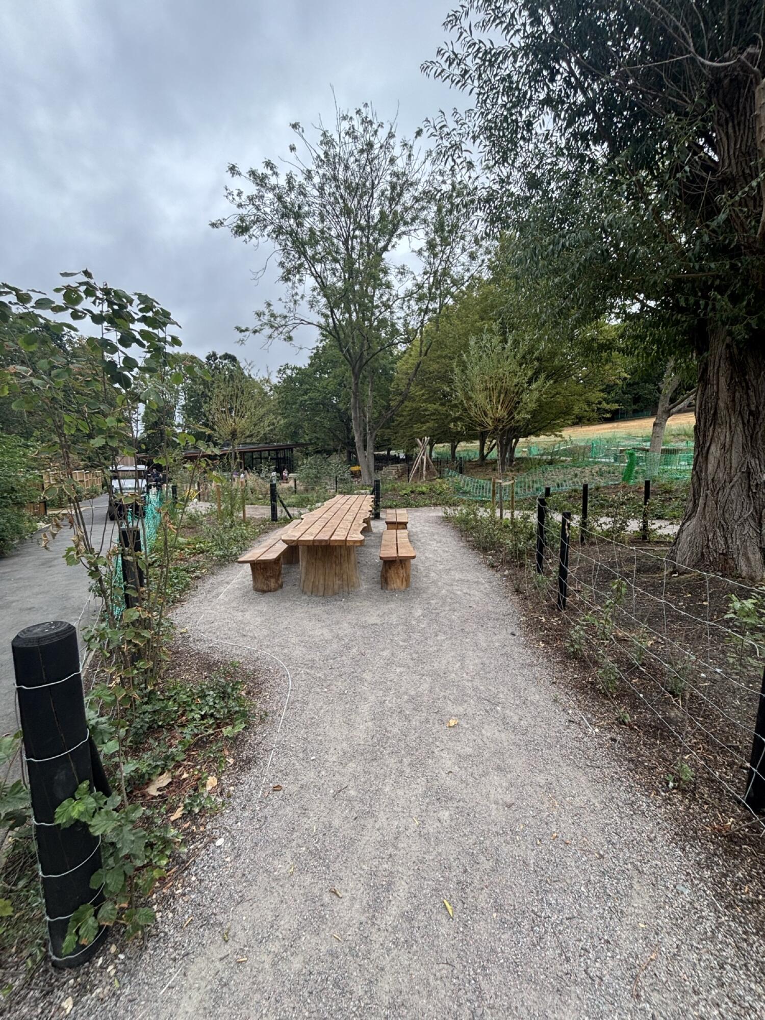 Paved path along left. Picnic table on gravel centre. Fenced planted area right.