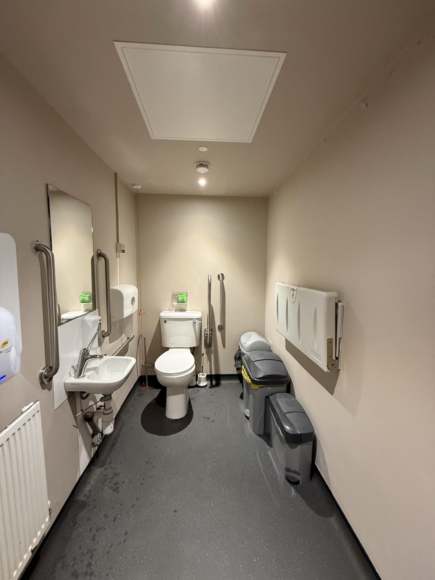 From door facing straight. Sink on left wall. Toilet at back wall, emergency pull cord to left. Baby changing station on right wall.