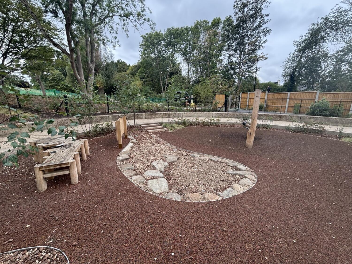 From after plant beds facing straight. Wooden play tables on left. Gravel play area in centre.