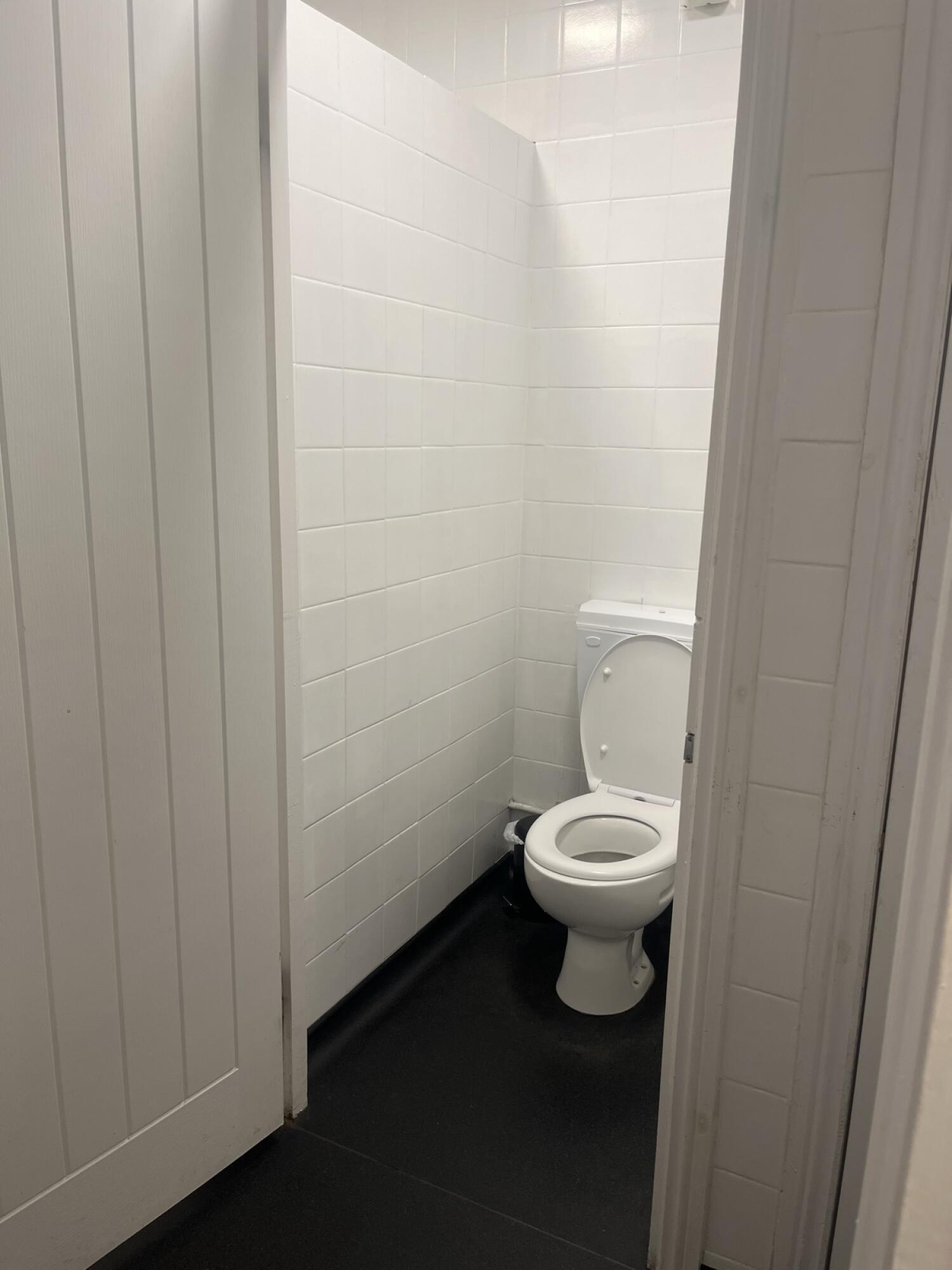 Toilet on right of back wall.