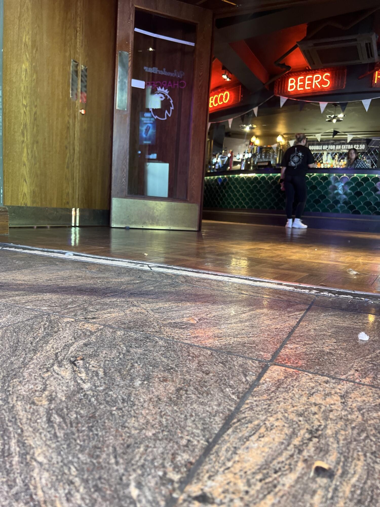 Small bump at foot of entrance. Tiled floor changes to wooden floor.