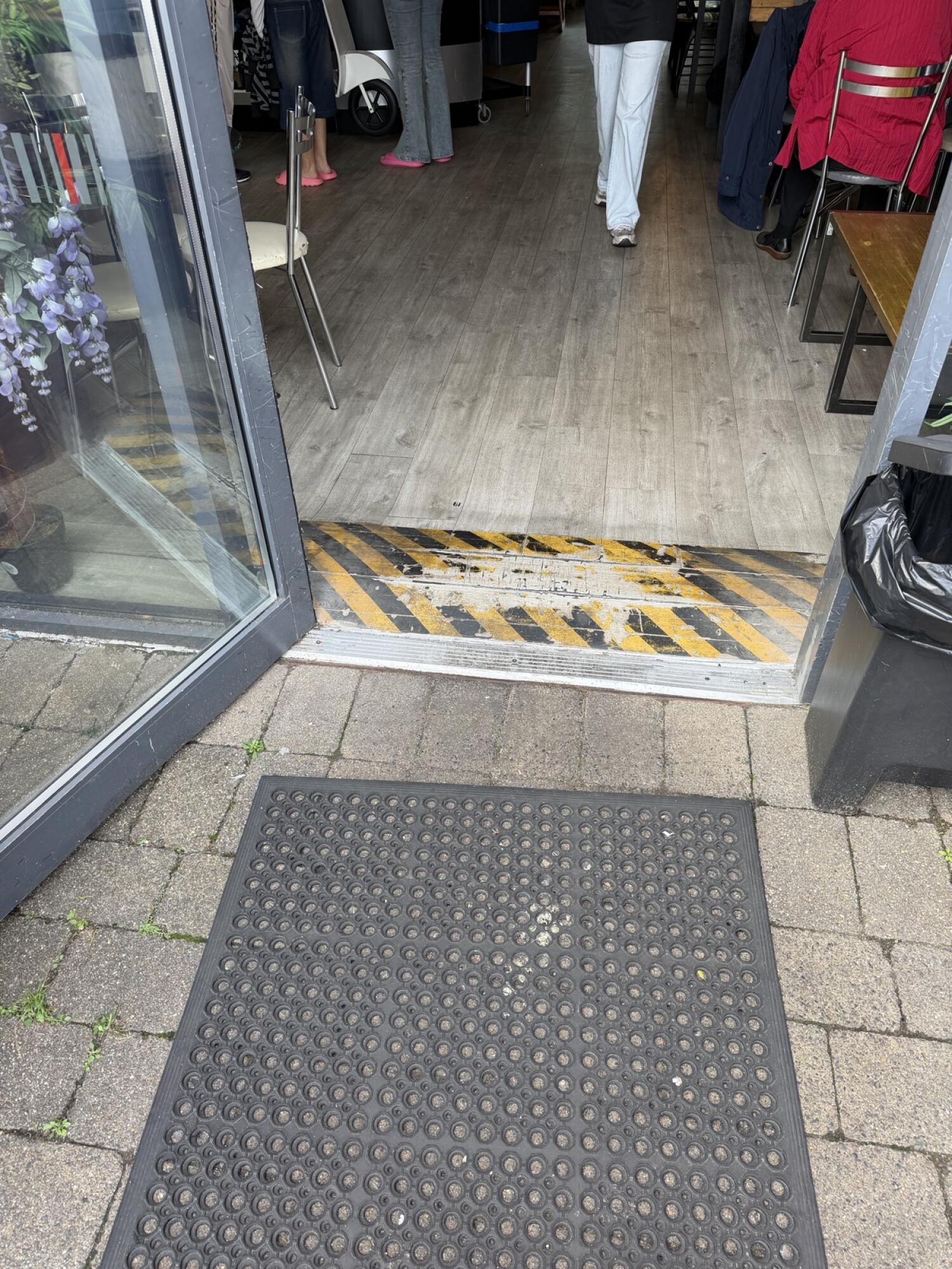 Doormat before door. Small bump at foot of door.