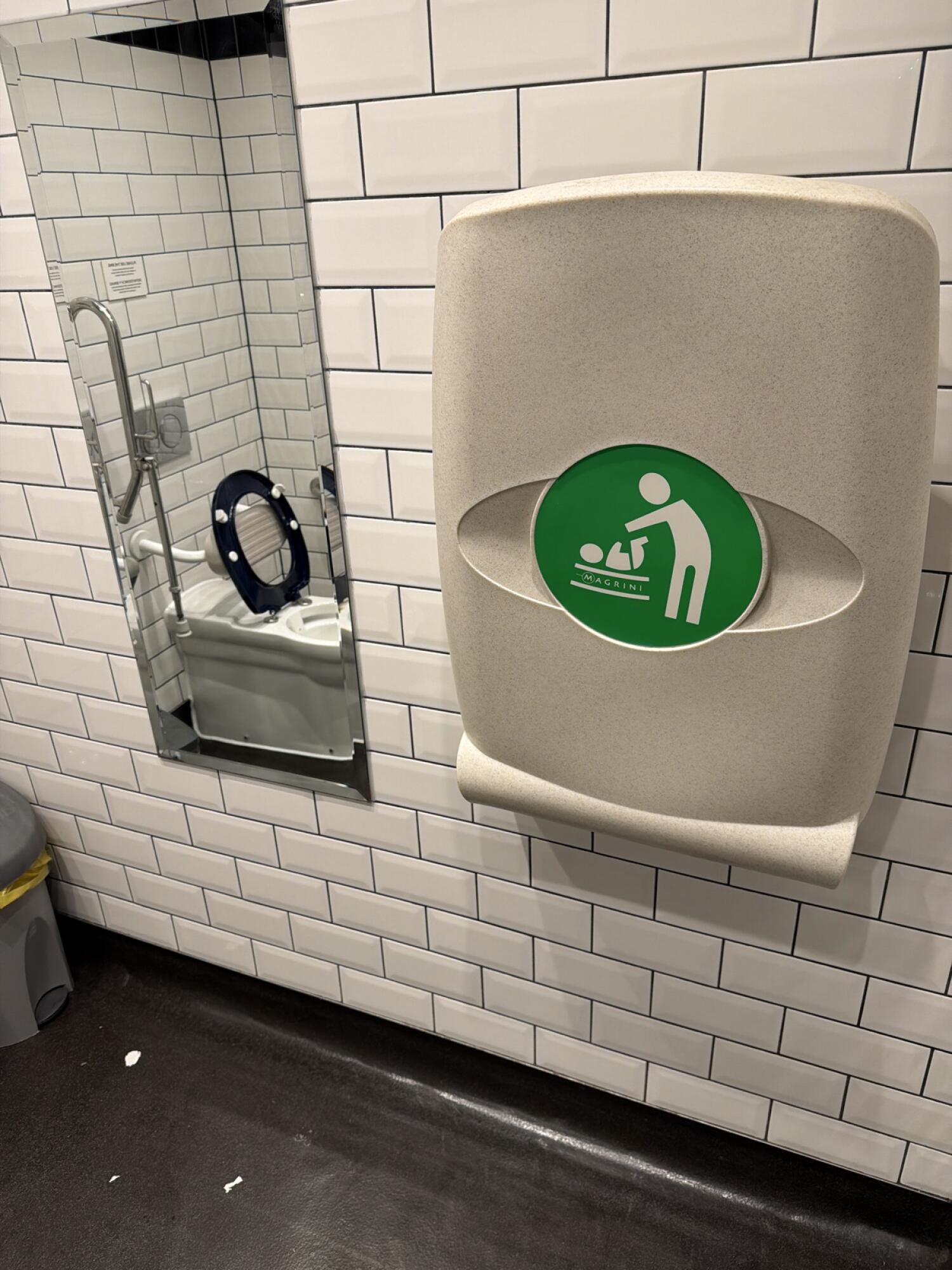 Toilet visible in mirror on left. Baby changing station on right wall.