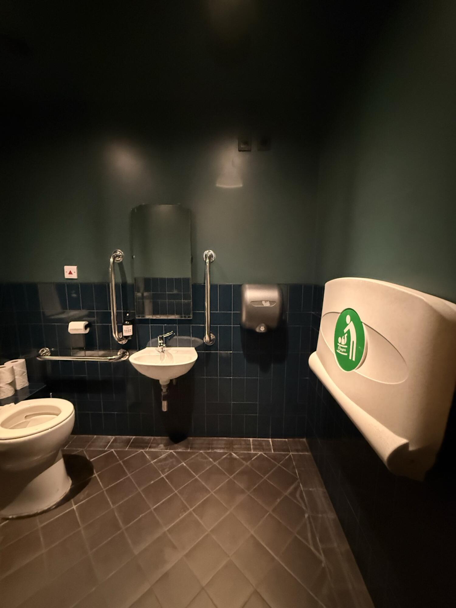 Toilet on left. Sink on back wall centre. Baby changing station right.