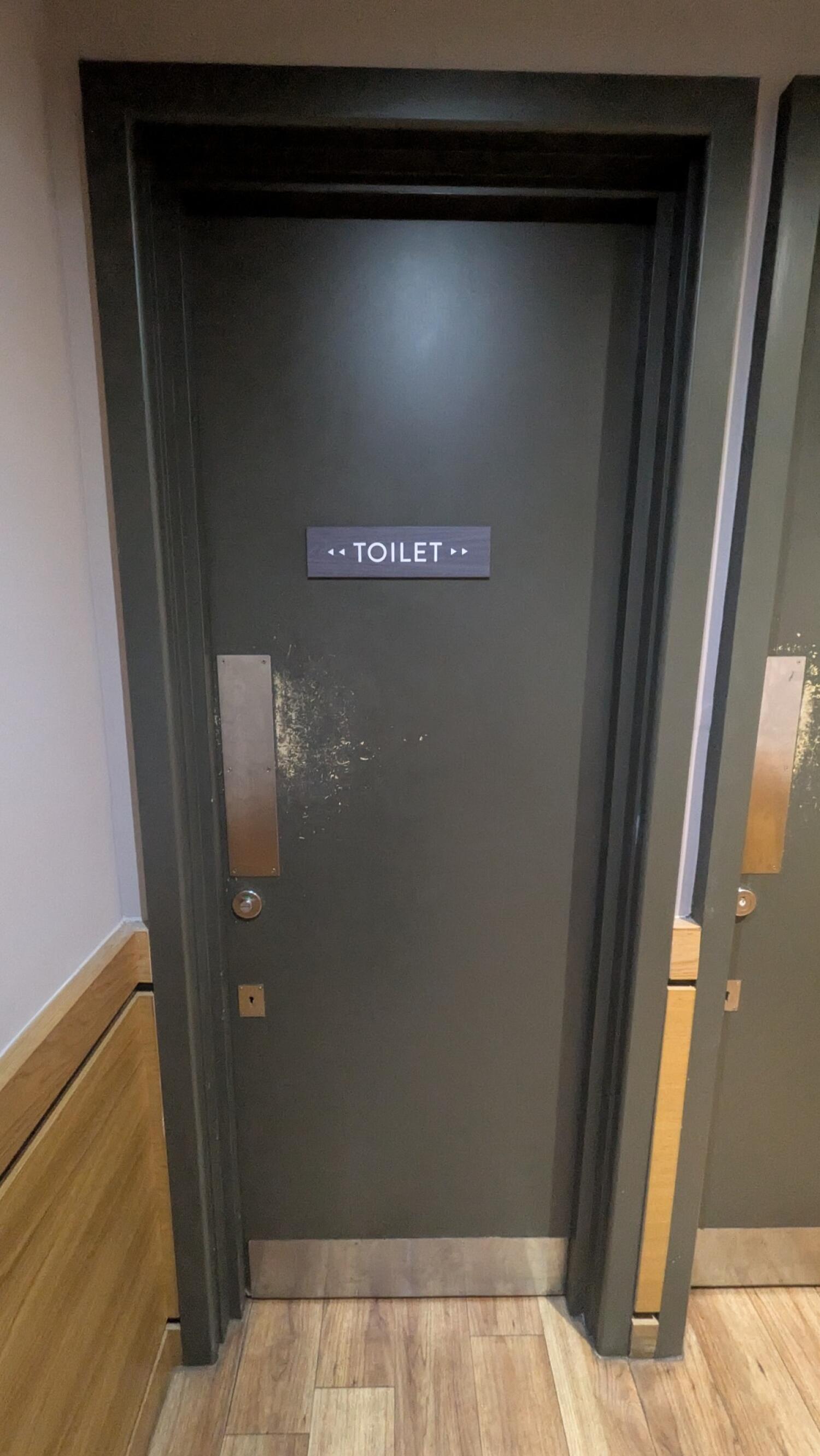 Grey painted toilet door. Use plate to open.