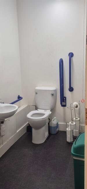 Sink on left wall. Toilet at back wall. Emergency pull cord on right wall.