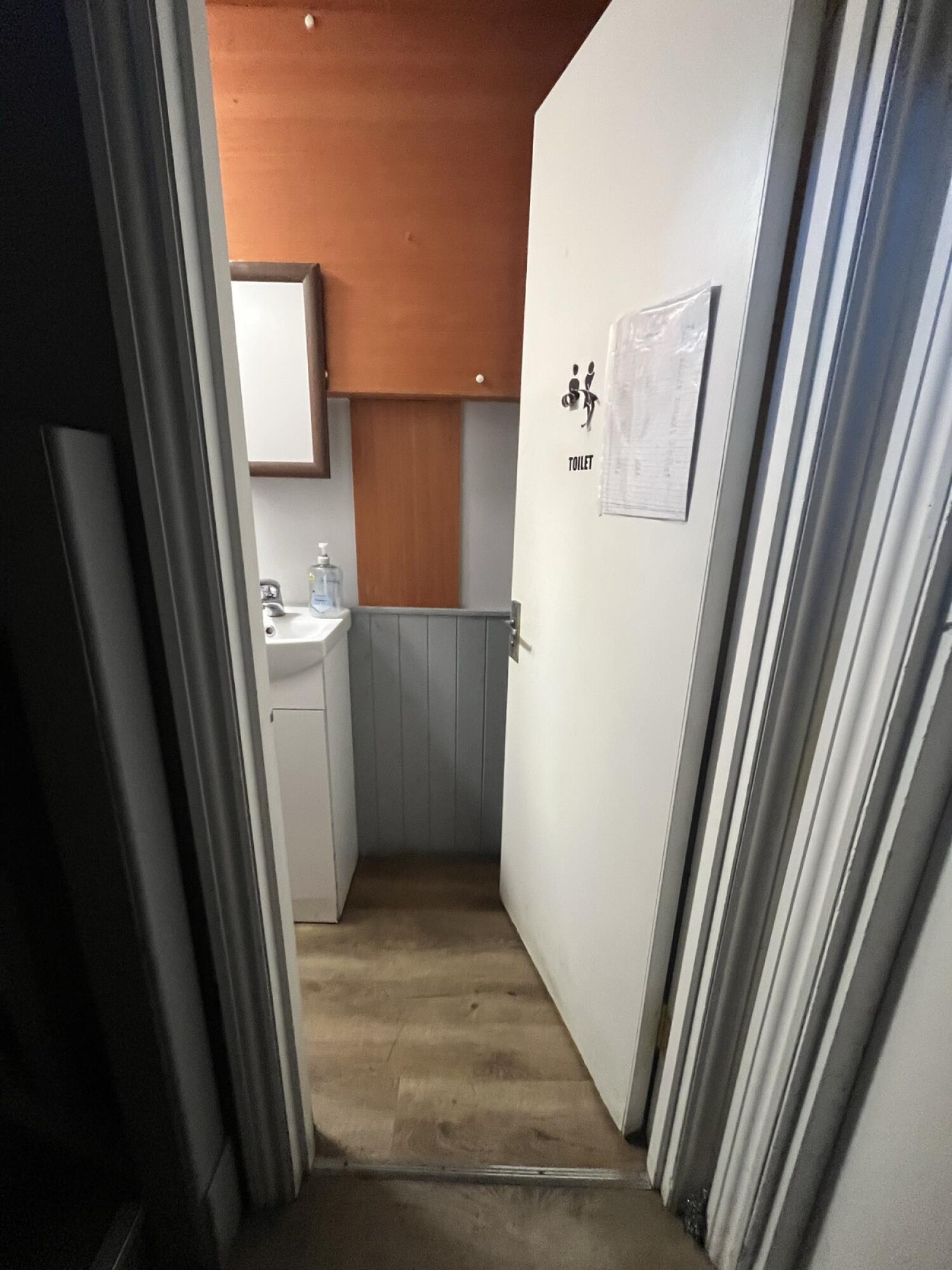 White wooden toilet door. Use handle to open.