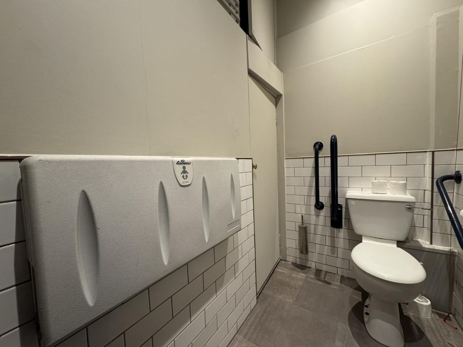 Baby changing station on left wall. Toilet on right. Emergency pull cord on lower right.